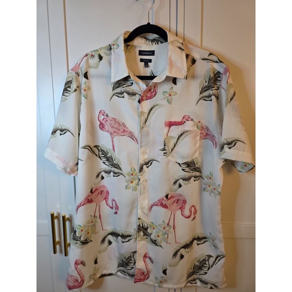 Croft & Barrow Hawaiian Collared Mens Large Pink Flamingo Tropical Short Sleeve